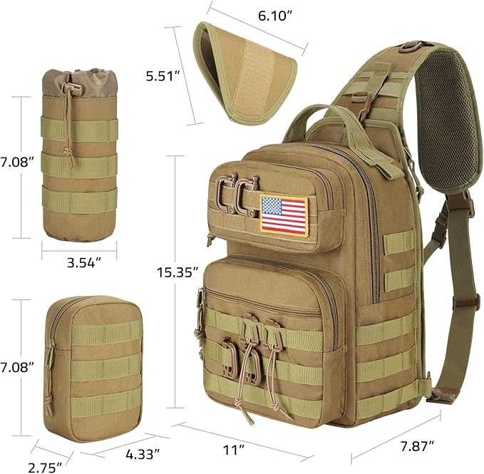 CVLIFE Tactical Sling Bag Backpack for Men Military Shoulder Sling Bag Molle Army Assault Detachable Tactical Bag with Bottle Holder Concealed Carry Daily Day Pack Work Bag for EDC Hiking, Khaki