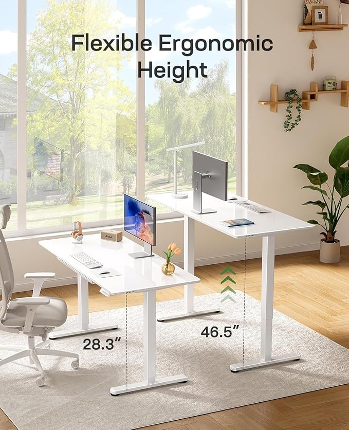 Marsail Glass Standing Desk with Drawer, 48 x 24 Inches Office Desk, Electric Standing Desk with One-Piece Tempered Glass Top, Ergonomic Home Office Sit Stand Desk with 4 Preset Heights, White