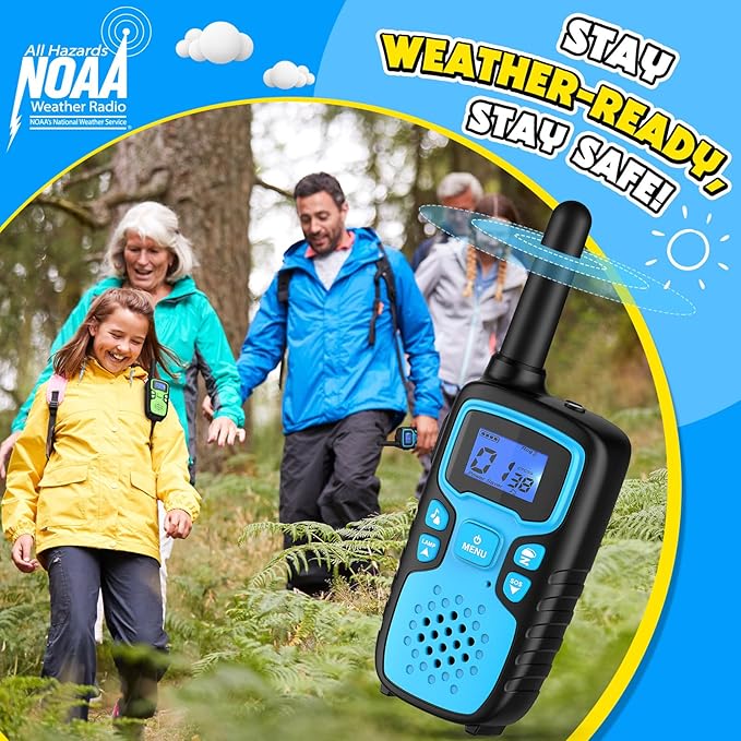 Wishouse Walkie Talkies for Kids Rechargeable Long Range,Xmas Birthday Gift for 4 5 6 7 8 9 Year Old Boys Girls,Hiking Gear Camping Games Cool Toys with NOAA,SOS Siren,Lamp,Lanyards,2 Pack Blue Yellow