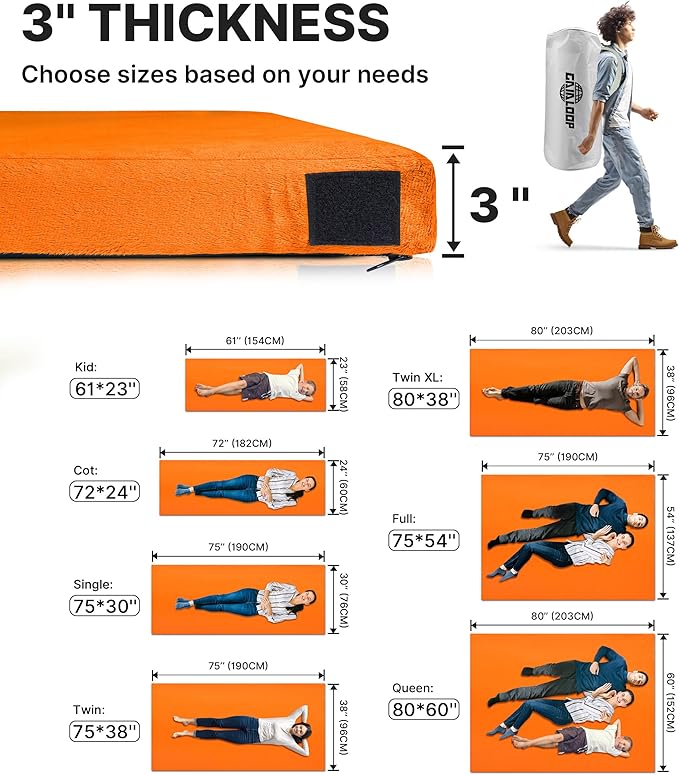 3 Inch Memory Foam Camping Mattress, Dual Layer Thick Sleeping Camp Pad for Car Tent Cot, Roll-Up Portable Glamping Floor Bed for Guests Sleepover