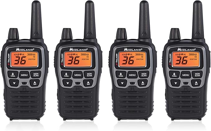 Midland T71VP3 36 Channel FRS Two-Way Radio - Up to 38 Mile Range Walkie Talkie - Black/Silver (Pack of 4), 6.2" x 1.3" x 2.3", Model Number: T71X4VP3