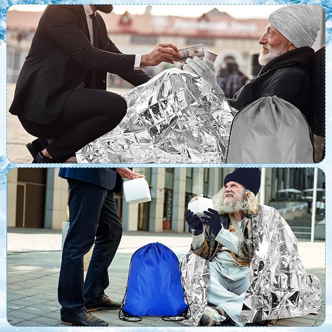 60 Pcs Homeless Care Package Supplies Winter Beanie Gloves Sock Drawstring Bags Emergency Blankets for Men Women