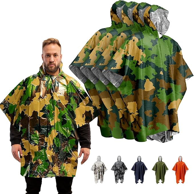 PREPARED4X Emergency Poncho and Mylar Blanket Liner - Waterproof, Wind-Resistant Outdoor Rain Poncho for Camping, Emergencies