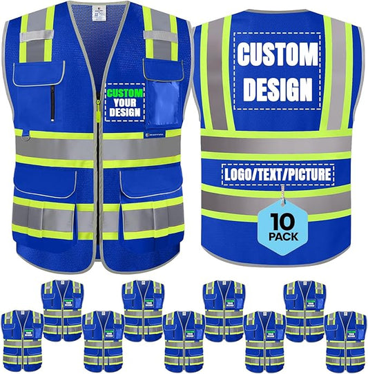 BeautyWill 10 Pack Custom Logo Safety Vest ANSI Class 2 High Visibility Reflective Vest Personalized Construction Vest Bulk