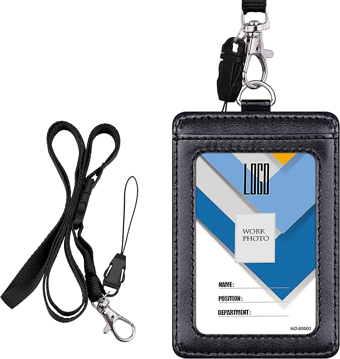 Badge Holder, Wisdompro School Supply 2-Sided PU Leather College ID Badge Card Holder Wallet Case with 1 Clear ID Window and 1 Credit Card Slot and 22 Inch Detachable Neck Lanyard - Black (Vertical)