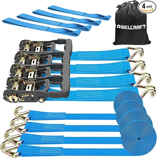 Ratchet Straps (4PK) - 4500lbs Breaking Strength 1.5''×15' Heavy Duty Tie Down Straps with Padded Handles, Double J Hooks & Soft Loops for Moving Motorcycle, Trailer & Trucks (Blue)