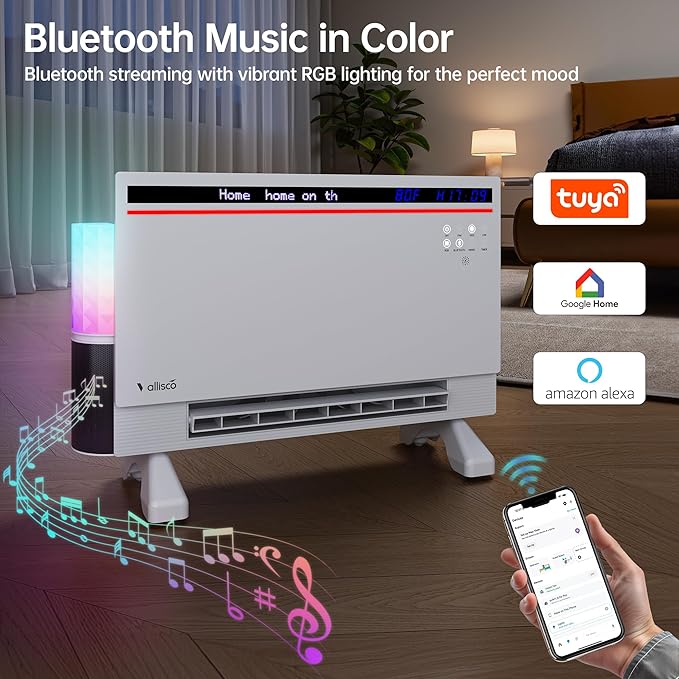 Smart Electric Space Heater with Bluetooth Speaker & RGB Light, App/Remote/Touch Control, Freestanding/Wall Heater, 2 Heat & 2 Fan Modes for All-Season Indoor Use, 110° Oscillating, Works with Alexa