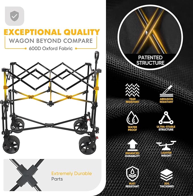 400L Large Capacity Folding Double Decker Wagon with Brakes, 48" Extra Long Extender Cart, 500lbs Heavy Duty Collapsible Wagons, All-Terrain Big Wheels for Camping, Sports, Shopping. Black
