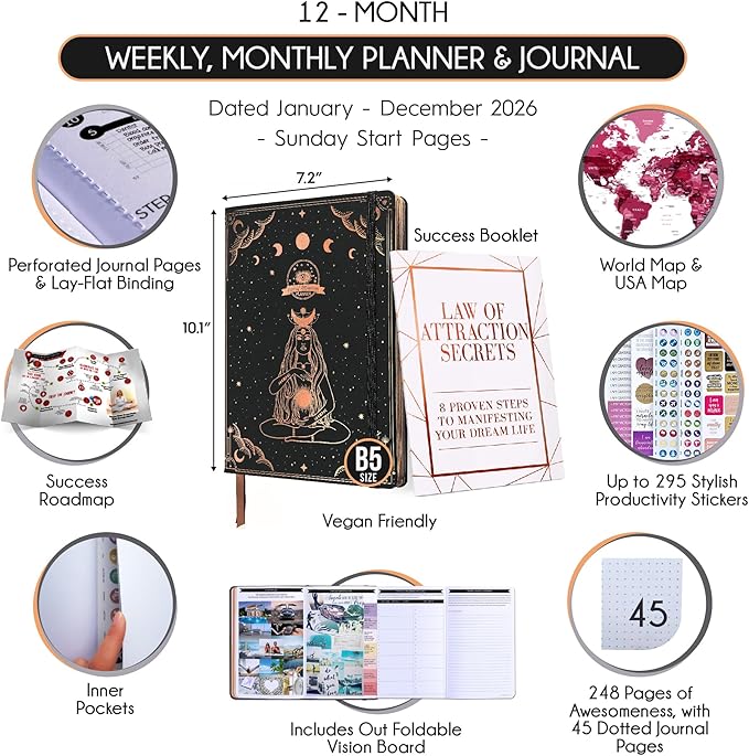 Deluxe 2026 Planner Weekly and Monthly | Law of Attraction Planner with Productivity App | 12-Month for Productivity, Gratitude & Goal Setting | Includes Foldable Vision Board, Gift Box & Stickers