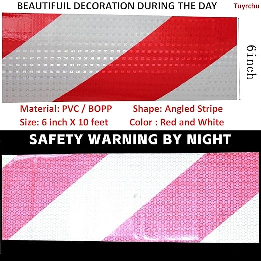 Reflective Tape Red and White 6 inch, Outdoor Waterproof Hazard Conspicuity Warning Industrial Marking Tape (11 feet)