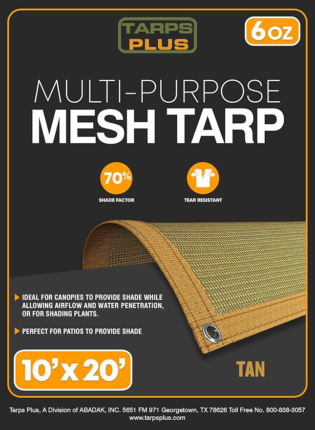 UV Resistant Tan Mesh Tarps 10' x 20' - Rip & Tear Proof Resistant Polyethylene Mesh for Plant Garden, Greenhouse House Patio, Car, Truck, Boat or RV, 70% Sunblock Shade