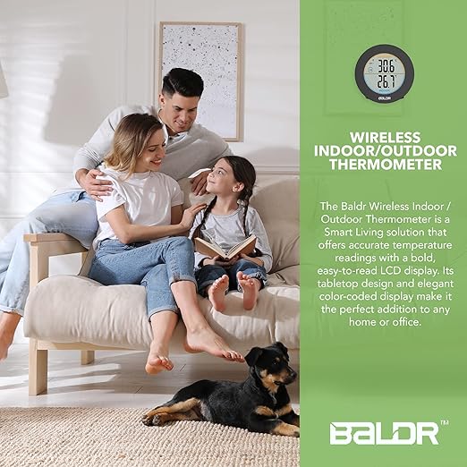 BALDR Wireless Indoor Outdoor Thermometer - 2.5” LCD Display Digital Thermometer for Home - Surface or Wall Thermometers Indoor & Outdoor Weather Station, Wireless Remote Transmitter Included (Black)