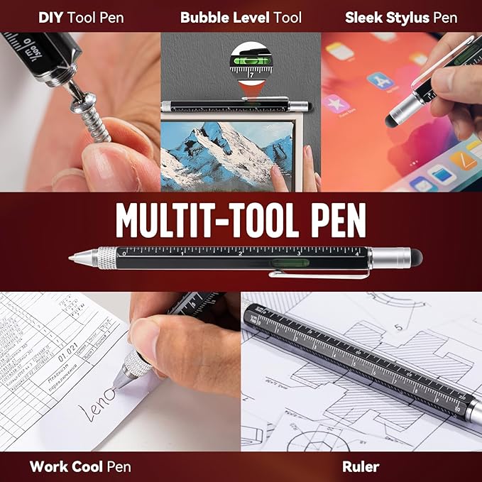 Gifts for Dad, Magnetic Pickup Tool, 6-in-1 Multitool Pen,Includes Touch Screen Stylus, Rulers, Bubble Level, Screwdrivers, Ballpoint Pen, Christmas Gifts Stocking Stuffers for Men, Black