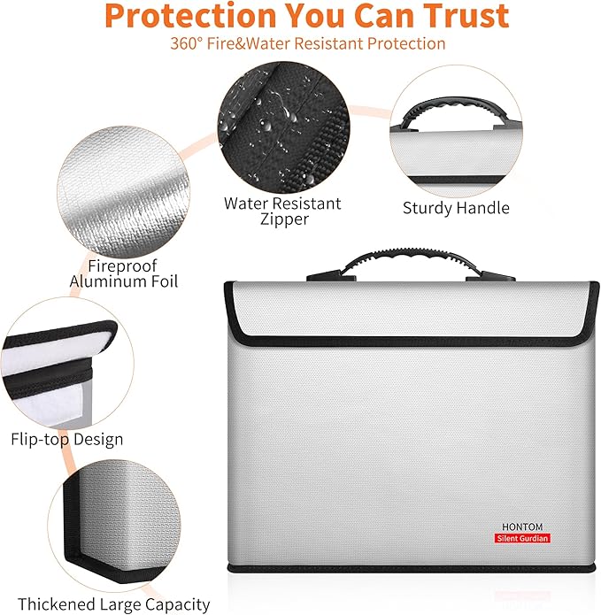 Hontom Fireproof Document Bag with 2 Pockets, 6400℉ Upgraded Material Fireproof Money Bag with Lid, Travel Home Fire Safe Storage Cash Pouch for Important Documents, Silver