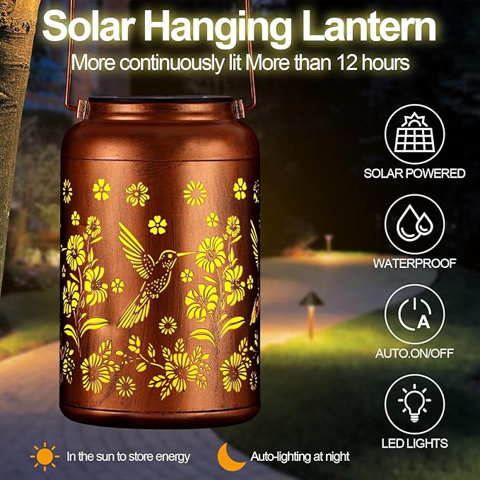 Hummingbird Solar Lanterns Outdoor Waterproof Garden Decor, Christmas Birthday Gifts for Women Mom Grandma,Hanging Metal Solar Lanterns LED Decoration(Hummingbird)