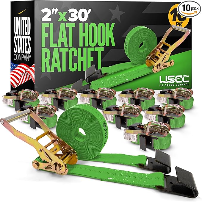 US Cargo Control Flat Hook Ratchet Straps 2 Inch X 30 Foot (10-Pack), 10,000 LBS Break Strength, Green Heavy Duty Ratchet Straps with Black Flat Hooks, Tie Downs for Flatbed Trailer