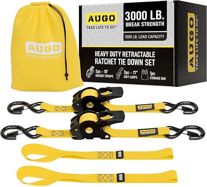 AUGO Retractable Ratchet Straps | 2 Heavy Duty Ratchet Straps Self Retractable Tie Downs with Soft Loops & Storage Bag for Motorcycle, Truck, Trailer, Cargo Van | 3000 Lb Break Strength 2” x 10’