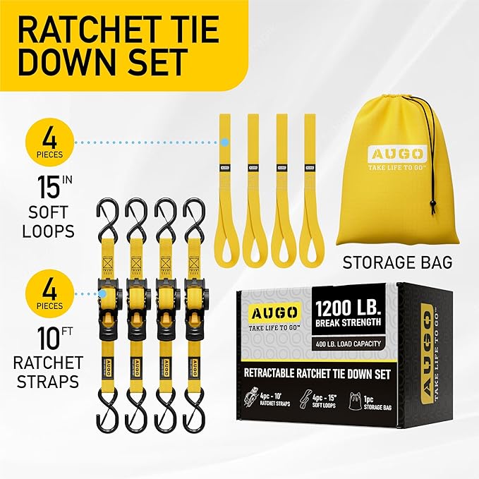 AUGO Retractable Ratchet Straps | 4 Heavy Duty Ratchet Straps Self Retractable Tie Down Straps with Soft Loops & Storage Bag for Motorcycle, Truck, Trailer, Cargo Van | 1200 Lb Break Strength 1” x 10’