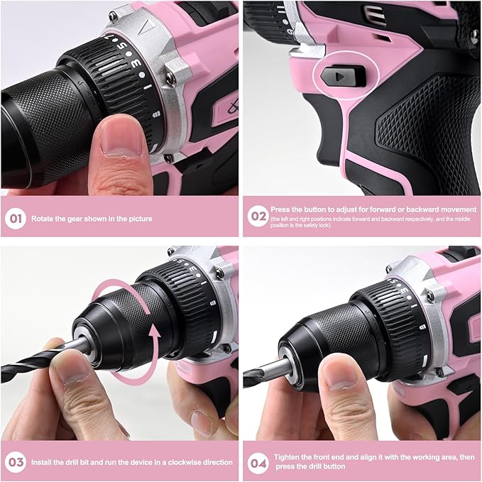 20V Brushless Cordless Lithium-Ion Drill Set, Compact Design, Pink Rechargeable Lithium-Ion Drill Kit, including 2.0Ah Battery, Charger and 3/8-inch Keyless Chuck (Pink)