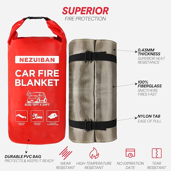 NEZUIBAN Car Fire Blanket Large Emergency Fire Blanket for Electric/Gasoline Vehicle Accidents (20x24 ft)