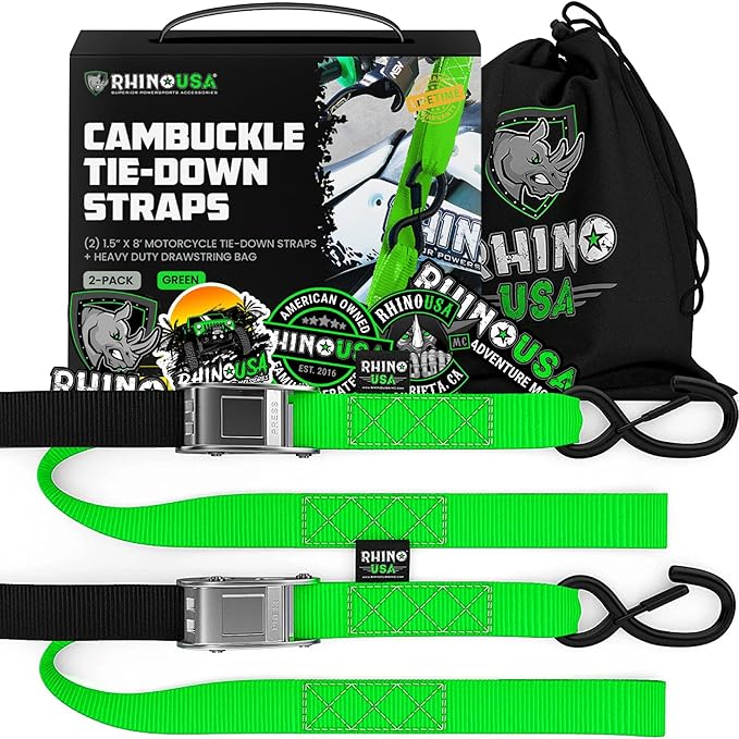 Rhino USA Motorcycle Tie Down Straps (2 Pack) Lab Inspected 2,200lb Break Strength, Steel Cambuckle Tiedown Set with Integrated Soft Loops - Better Than a Ratchet Strap (Green 2-Pack)