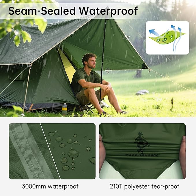 FREE SOLDIER Camping Tarp Waterproof Portable Multifunctional Outdoor Camping Traveling Awning Backpacking Shelter Rain Tarp (Dark Green 13×13ft)