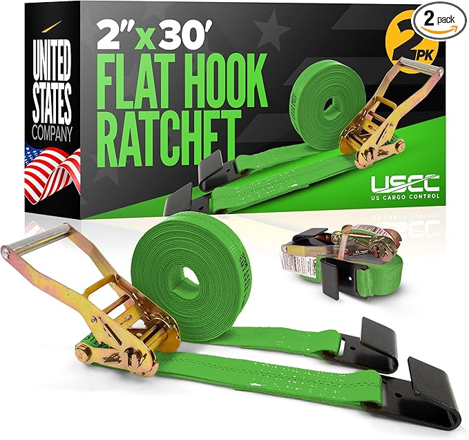 US Cargo Control Flat Hook Ratchet Straps 2 Inch X 30 Foot (2-Pack), 10,000 LBS Break Strength, Green Heavy Duty Ratchet Straps with Black Flat Hooks, Tie Downs for Flatbed Trailer