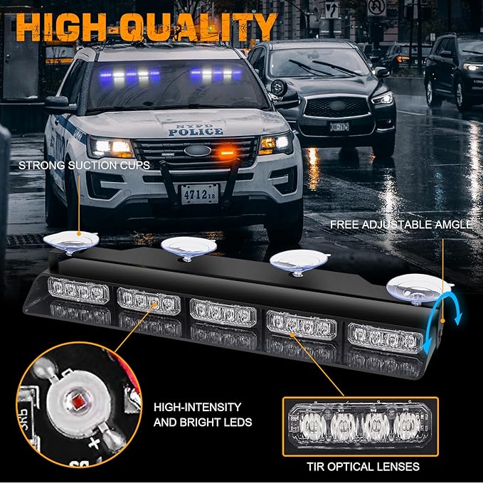XRIDONSEN 2x 17 inch Blue White Emergency Dash Strobe Lights Bar 40 LED Interior Front/Rear Windshield Lights Safety Flashing Warning Hazard w/Suction Cups for Police Firefighter Vehicles Trucks Car