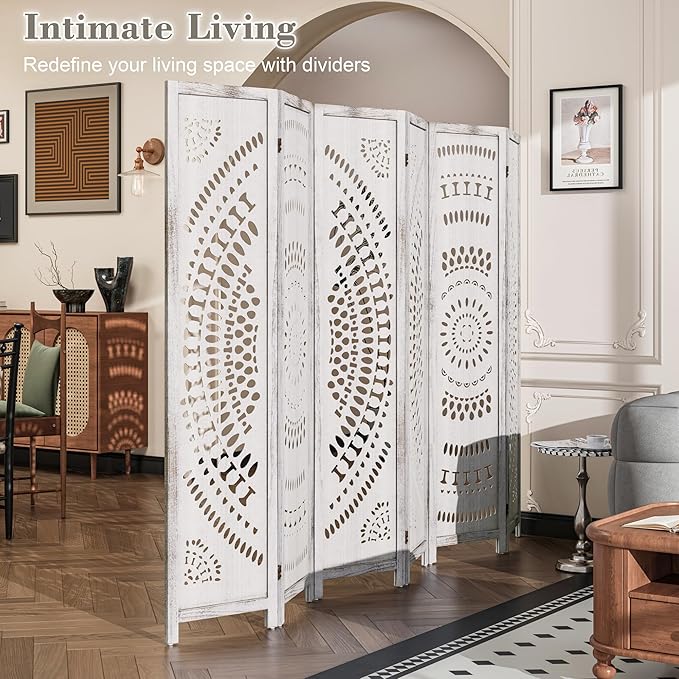WelFurGeer Handcrafted Carved Wooden Room Divider Screen, Folding Privacy Screen for Room Separation, Decorative Room Dividers, 360° Adjustable Folding Panels for Privacy, Home, Office & Patio