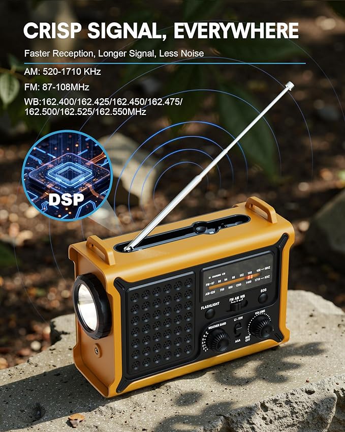Emergency Weather Radio – NOAA/AM/FM Portable Solar & Hand Crank Radio with LED Flashlight, Reading Lamp, USB Phone Charger, SOS Alarm – Survival Gear for Hurricanes, Storms & Power Outages (Yellow)