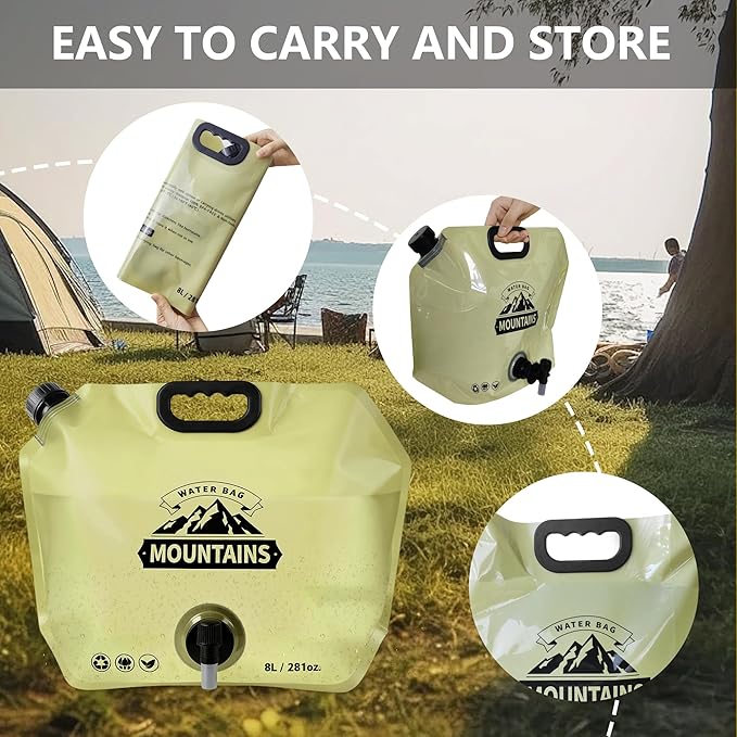 Collapsible 8L Water Storage Bag, BPA-Free Portable Folding Water Jug with Adjustable Faucet, Leakproof Emergency Water Bag for Camping, Hiking, Riding, Outdoor Sport (2, Beige & Green)
