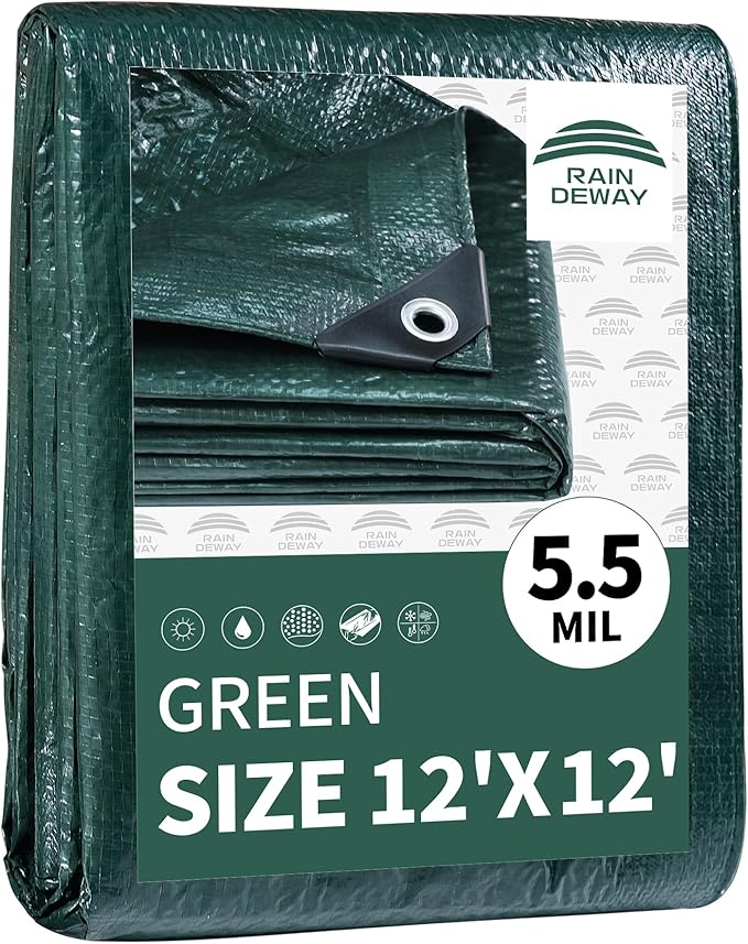 RAINDEWAY Tarps 12x12 Feet,Tarp Waterproof,5.5 Mil Thick, Multipurpose Waterproof Poly Tarp Cover with Metal Grommets and Reinforced Edges,Green Tarps
