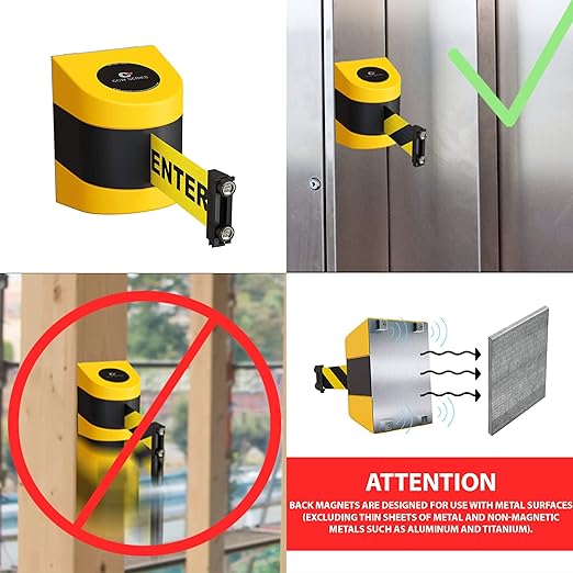 Crowd Control Warehouse - CCW Series WMB-230 Magnetic Wall Mount Retractable Belt Barrier - 30 Foot Belt, Magenta and Yellow Diagonal Belt with Yellow ABS Case