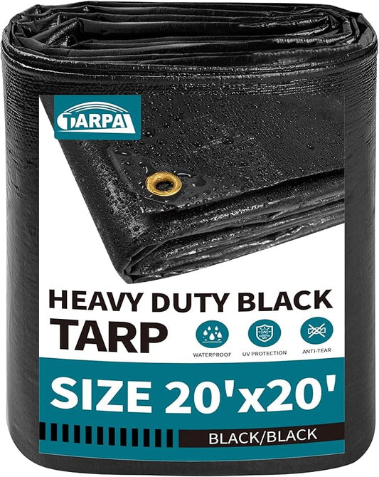TARPAL 20x20ft tarp 14mil Heavy DutyTarp Black tarps Large Tarps,Water and UV Protection,for Outdoor Furniture Covers Waterproof,Awnings,Roofs,Tents,Pool Cover,Shade Cloth for Garden
