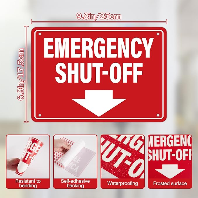 Emergency Shut-Off Sign Sticker with Down Arrow, Waterproof Durable Emergency Stop Stickers, Shut Off Valve Sign for Powered Machinery and Equipment