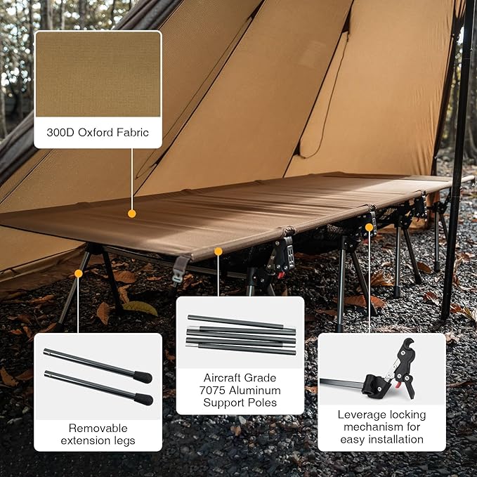 ONETIGRIS SUPRATIROS Extra Large Camping Cot, Height Adjustable Oversized Sleeping Cot with Extending Legs for Camping, Car Trips, Truck, Beach, Office Nap, Sturdy Supports Up to 400lbs