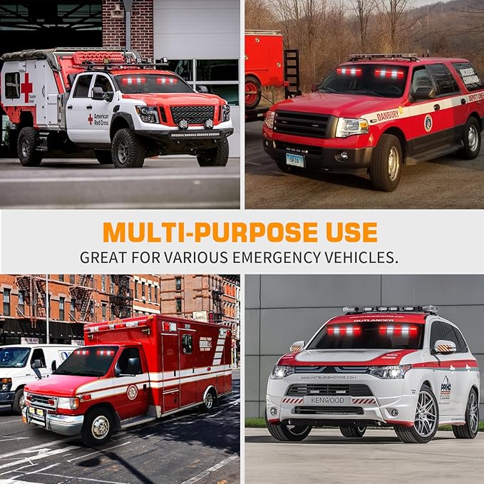 XRIDONSEN 2x 17 inch Red White Emergency Lights for Vehicles 40 LED Emergency Dash lights Interior Front/Rear Windshield Strobe Lights Safety Flashing Warning for Volunteer Firefighter Vehicles Trucks