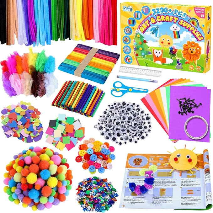Zefy 3200+ Pcs Arts and Crafts Supplies for Kids, All in One Craft Kits with 12 Crafts Design, DIY School Supplies Kit Craft Box Christmas Gifts for Girls Boys Ages 4-12
