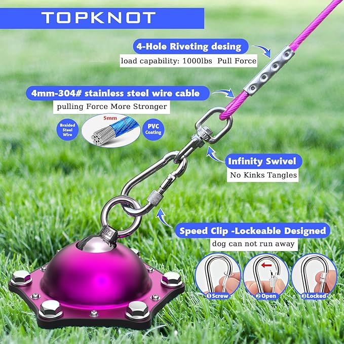 TOPKNOT Dog Tie Out Cable and Stake,(up to 200lbs) 360°Swivel Dog Run- No Tangle,with 20FT Heavy Duty Tie Out Cable for Dogs,Runner for Yard,Ideal for Outdoor Camping