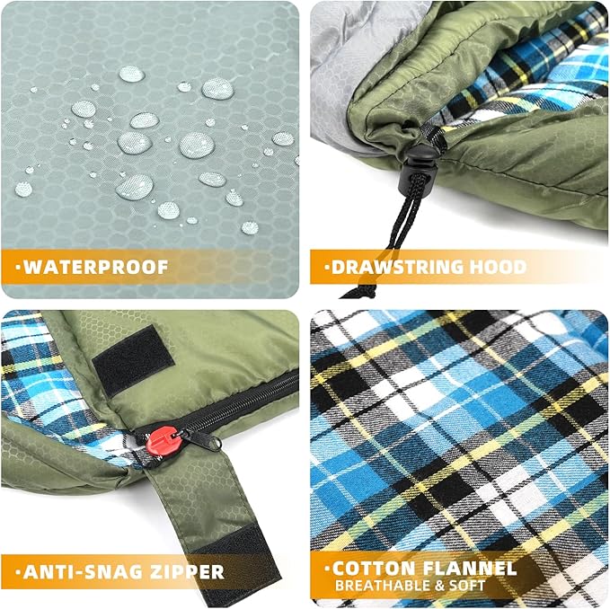 Cotton Flannel Lined Sleeping Bag for Adults Teens Kids, Cold Weather &Warm, 3 Seasons, Lightweight Compact Camping Essentials Equipment, Hiking, Outdoor, Travel