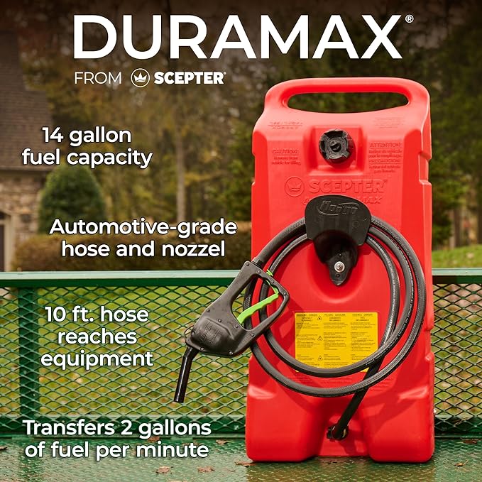 Scepter Duramax Flo ’N Go 14 Gallon Gas Caddy, 53 Liter Portable Fuel Tank and Fuel Transfer Pump with 10-Foot Hose for Lawn Mower, Farm, Marine, and Home Use, Gasoline Only, Red (2024 Version)