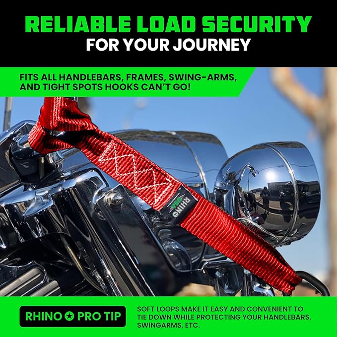 Rhino USA Soft Loop Tie Down Straps (4-Pack) - 1.6 Inch x 17 Inch (5,000 lbs Break Strength) Heavy Duty Motorcycle Handlebar Straps for use with Ratchets for ATV, UTV, Dirt Bike (Red)