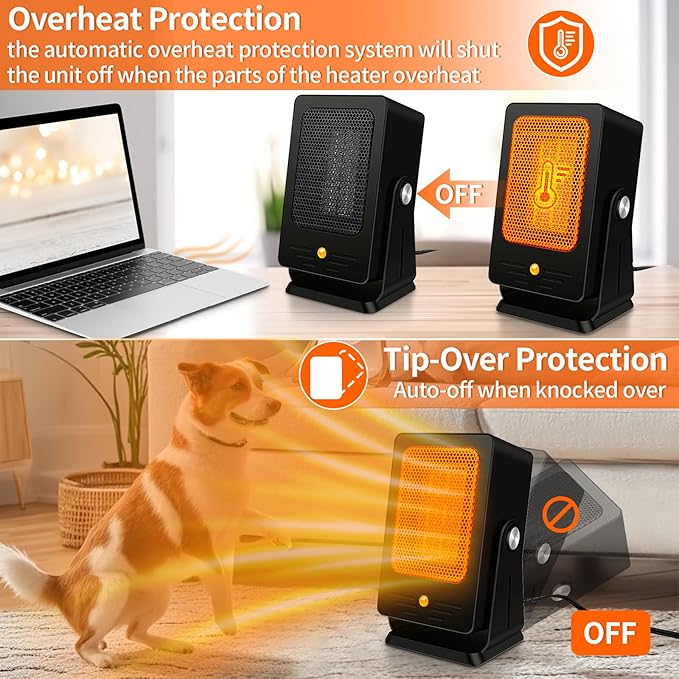 Space Heaters for Indoor Use,Desktop Small PTC Heater with 2s Fast Heating,Tip-Over&Overheat Protection,30°Adjustable Angle Portable Personal Electric Heater for Office,Bedroom,Garage,Dorm