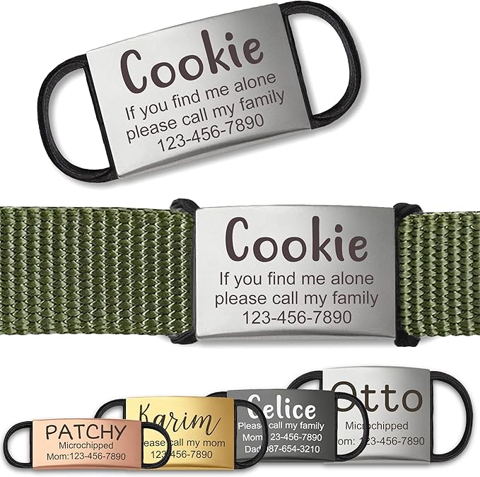 Anavia Slide On Silent Pet ID Tags, S/M/L/XL Personalized Stainless Steel Cat Dog Tag with Elastic Fabric Band, Engraved Nameplate Quiet Chew-Proof Pet Collar Tag (Silver, X-Large)