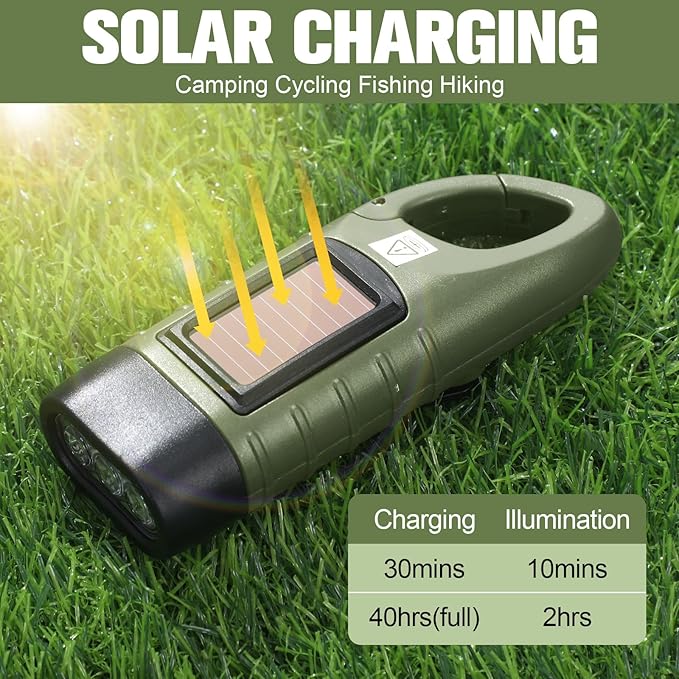 Leelosp 2 Pieces Hand Crank Flashlight Solar Powered Flashlight for Emergencies Dynamo Rechargeable LED Survival Light for Outdoor Sports Hiking Camping (Army Green)