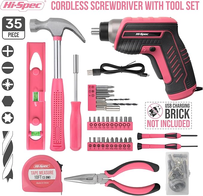 Hi-Spec 35-Piece Tool Kit with 3.6V USB Small Electric Screwdiver Set, Pink Drill Set for Women, Tool Kit for Home
