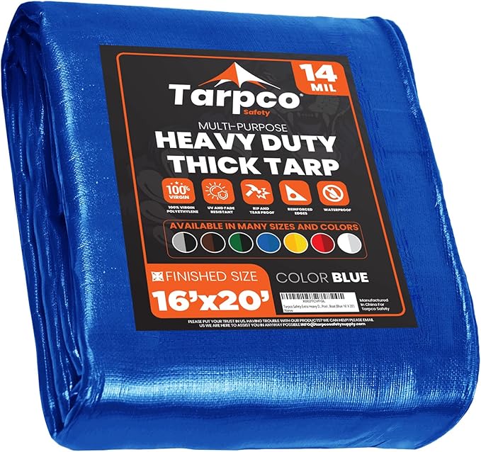 Tarpco Safety Extra Heavy Duty 14 Mil Tarp Cover, Waterproof, UV Resistant, Rip and Tear Proof, Poly Tarpaulin with Reinforced Edges for Roof, Camping, Patio, Pool, Boat (Blue 16′ X 20′)