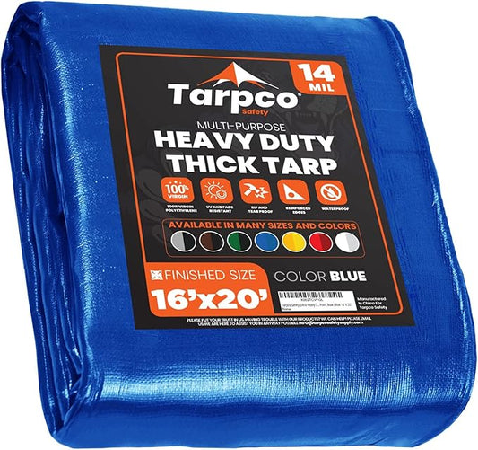 Tarpco Safety Extra Heavy Duty 14 Mil Tarp Cover, Waterproof, UV Resistant, Rip and Tear Proof, Poly Tarpaulin with Reinforced Edges for Roof, Camping, Patio, Pool, Boat (Blue 16′ X 20′)