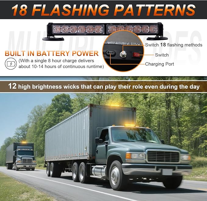Amber Emergency Strobe Light, Rechargeable Wireless Magnetic Flashing Safety Beacon Trailer Lamp, 12 LED Vehicle Warning Light, for Trucks, Tractors, Vehicles