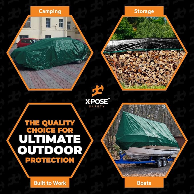Heavy Duty Poly Tarp 18 Feet x 24 Feet 10 Mil Thick Waterproof, UV Blocking Protective Cover - Reversible Green and Black - Laminated Coating - Grommets - by Xpose Safety